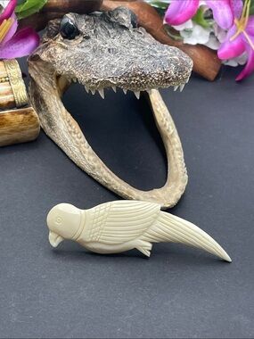 Carved bone parrot brooch vintage